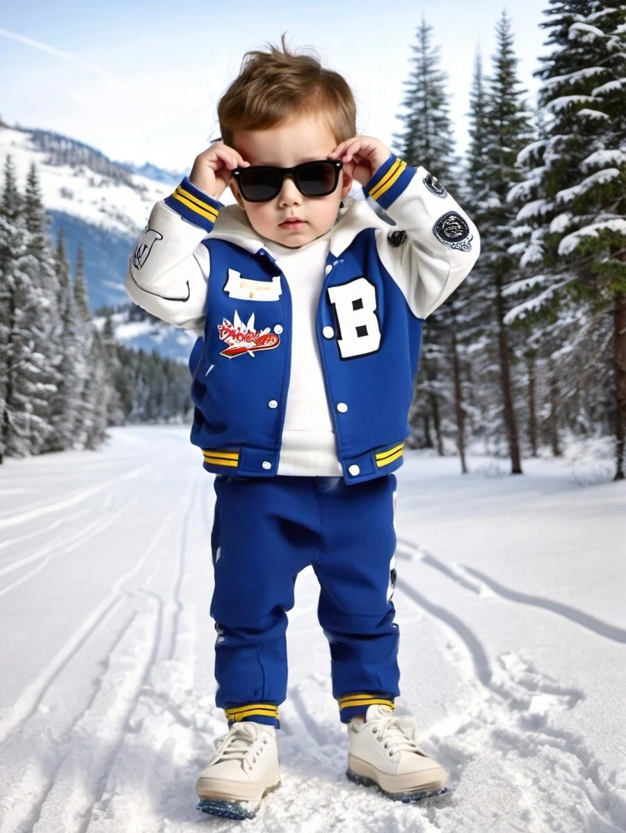 SHEIN 2 Stücke/Set Baby Mädchen/Jungen Kontrast Farbiges Hoodie Jacke mit Buchstaben Muster und Jogginghose Set