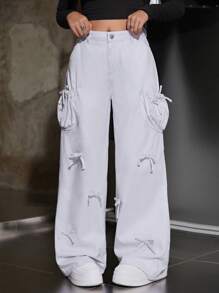 SHEIN Teenager Girls White Denim Loose Wide Leg Pants With Bow - White - View 3