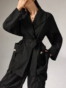 Heiryn Women's Solid Color Front Tie Long Sleeve Pocket Casual Jacket - Black - View 2