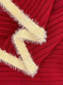 SHEIN Clasi Women Christmas Color Block Trim Asymmetrical Collar Button Front Sweater, Casual Wear For Autumn/Winter Knit Pullover Fall - Red - View 3
