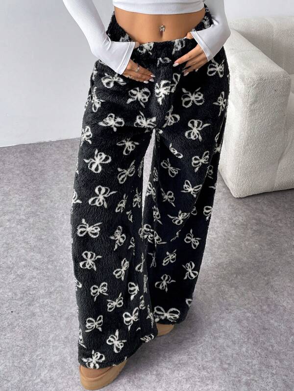 Chiquease Women's Vintage Grey Bow Decor Elastic Waist Loose Straight Wide Leg Pants Fall Cloth For Women