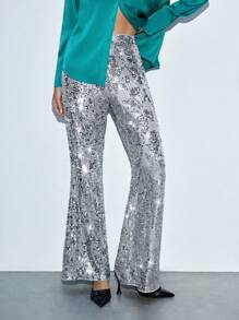 Maija Zilveren gebreide flared broek met pailletten voor dames, elegante feest-/Valentijnsdagkleding, lente/zomer