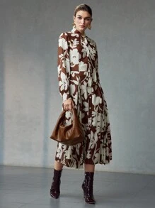 MOTF PREMIUM ALLOVER PRINT BUCKLE TIE NECK LANTERN SLEEVE FOLD PLEATED DRESS