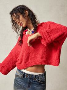 Bohemela Vacation Loose V-Neck Solid Color Dropped Shoulder Long Sleeve Sweater For Women