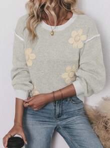 SHEIN LUNE Suéter casual de cuello redondo de manga larga con decoración floral 3D para mujer