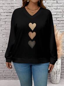 SHEIN LUNE 大码女式心形图案长袖 V 领插肩袖运动衫 - 黑色 - 查看 1