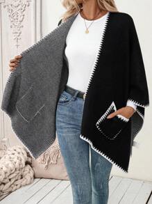 SHEIN LUNE Oversized Two-Tone Poncho Cape Style Loose Knit Cardigan, European/American Streetwear Vibe - Black - View 4