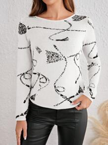SHEIN LUNE 女士圆领长袖图案细节休闲套头衫 - 白色 - 查看 4