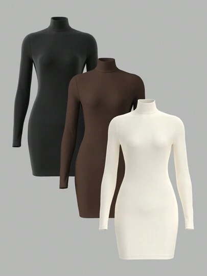 SHEIN BASICS 3pcs/Pack Solid Color Knitted Long Sleeve Slim Fit Turtleneck Mini Dress For Women, Warm Comfort