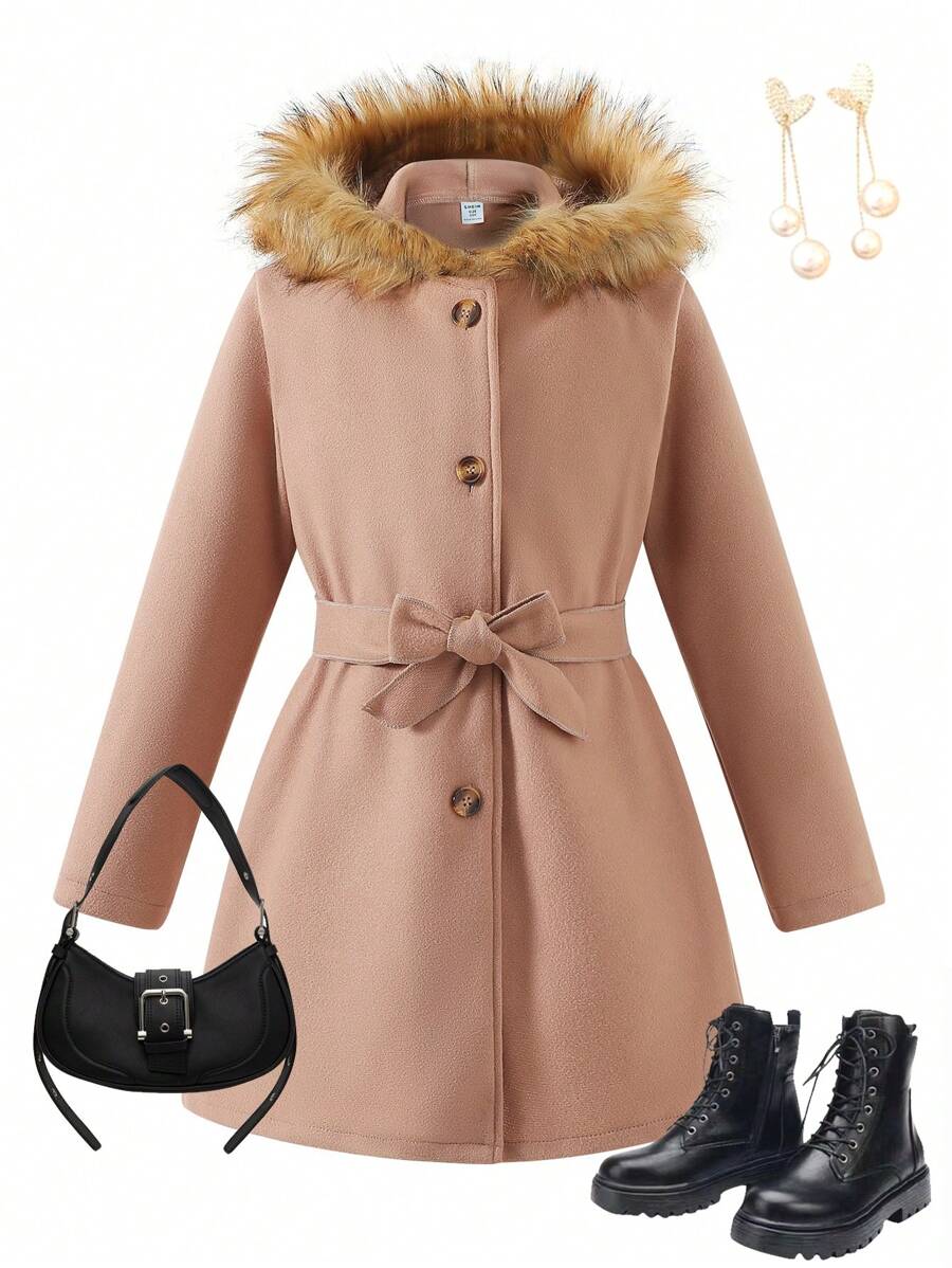 Tween Girl Fluffy Hooded Long Belted Coat - Apricot - View 1