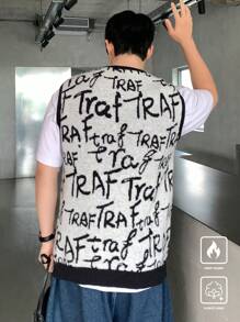 Claim Dot Men's Casual Letter Pattern Color Block Trim Sweater Vest, Autumn/Winter - Black and White - View 2
