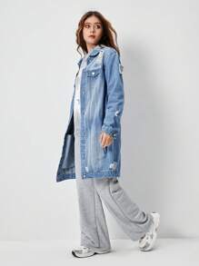 Teens Girls Medium Wash Distressed Simple Long Denim Jacket, Casual Outerwear