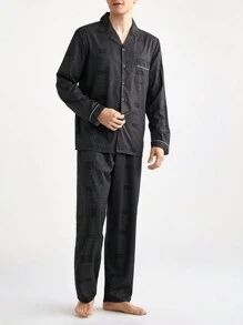 2pcs Casual Men Striped Front Button Long Sleeve Top & Pants Loungewear Set
