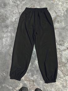SHEIN Slayr 女式黑色字母印花运动裤，秋季休闲街头时尚裤 - 黑色 - 查看 2