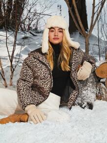 SHEIN EZwear Leopard Print Woven Women Winter Long Sleeve Zipper Collar Hooded Padded Coat - Mocha Brown - View 6