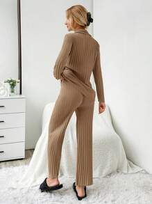 RueChic 2 Stücke Set offene Front Kontrastnaht Platzierter Slogan Muster Rippstrick Pyjamas
