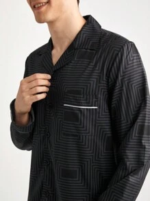 2pcs Casual Men Striped Front Button Long Sleeve Top & Pants Loungewear Set