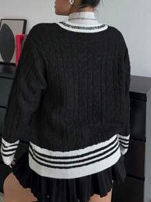 Flirla Áo len cardigan dệt kim cổ chữ V màu tương phản thời trang thu đông cỡ lớn - màu đen - Xem 2