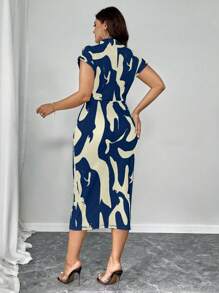 Elenzga Plus Size Women Stand Collar Tight Fitting Elastic Blue & White Print Waist Ruched Slim Fit Short Sleeve Dress, Autumn Maxi Women Outfit, For Summer