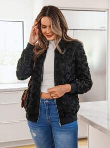 SHEIN LUNE Áo khoác bomber họa tiết hoa 3D thường ngày cho nữ - màu đen - Xem 6
