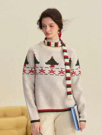 Simple Retro Wool Women's Autumn And Winter Casual Round Collar Collision Christmas Tree Neck White Red Retro Elegant Fit Long Sleeve Pullover Sweater