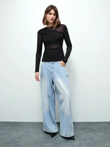 Maija 女士黑色不对称褶饰修身 T 恤 - 黑色 - 查看 3