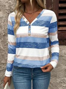 EMERY ROSE 女式休闲 V 领纽扣装饰彩色条纹长袖 T 恤图案 T 恤女式上衣，适合春季服装 - 藍白色 - 查看 3