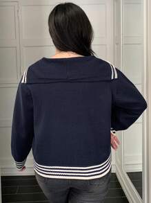 Dazy Petite Plus 大码撞色海军蓝领宽松开衫，秋冬秋季女装 - 藏蓝色 - 查看 2