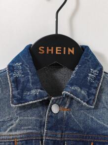 SHEIN 小男孩洗水蓝牛仔领长袖夹克，带设计细节 - 中等水洗藍 - 查看 4