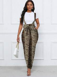Zolique Mono para mujer con estampado de leopardo, cintura anudada y bolsillos