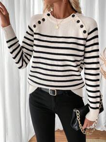 SHEIN LUNE 女士条纹圆领插肩袖休闲宽松套头毛衣，秋冬针织套头衫 - 杏色 - 查看 7