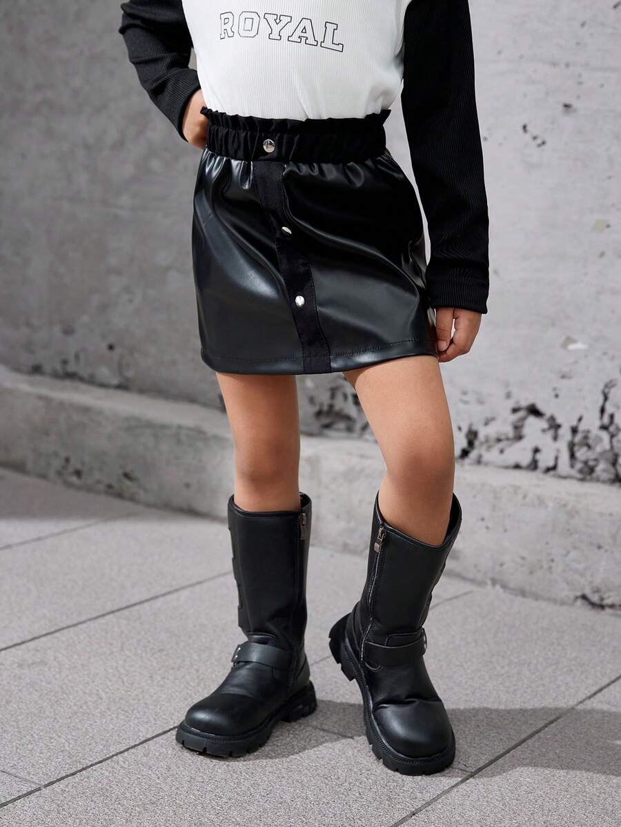 SHEIN Young Girl Solid Black Urban Retro Casual Ruffle High Waist Midi Skirt For Summer