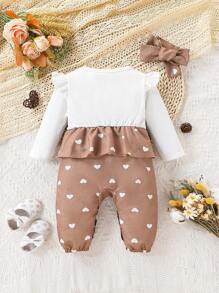Schattige Baby Meisjes Voetjes Met Hartenprint 2 In 1 Lange Mouw Jumpsuit, Voor Herfst/Winter