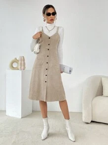 SHEIN Essnce 女式纯色单排扣口袋灯芯绒吊带连衣裙，秋冬 - 杏色 - 查看 5