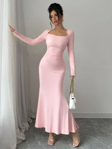 Elenzga 腰部收紧合身方领性感美人鱼连衣裙长款女装 - 粉色 - 查看 4