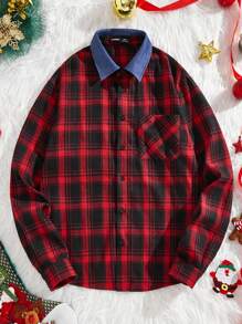 Manfinity NXTstreet Men's Casual Woven Patchwork Lapel Cardigan Shirt, Suitable For Autumn, For Christmas - Red - View 1
