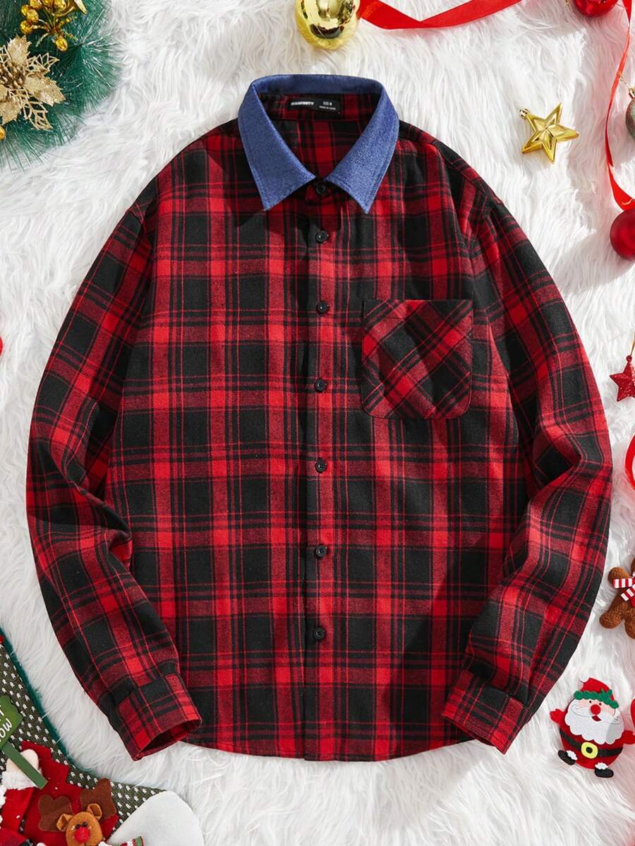 Manfinity NXTstreet Men's Casual Woven Patchwork Lapel Cardigan Shirt, Suitable For Autumn, For Christmas - Red - View 1