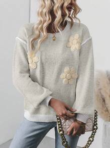 SHEIN LUNE Suéter casual de cuello redondo de manga larga con decoración floral 3D para mujer
