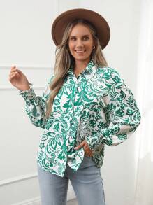 SHEIN LUNE Women's Casual Plant Print Blouson Lantern Sleeve Shirt - Multicolor - View 3