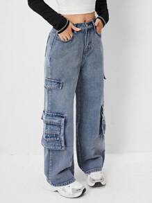 Teen Girls New Retro American Aesthetic Multi-Pocket Straight Leg Boyfriend Jeans, Vintage Washed, Suitable For Daily Wear