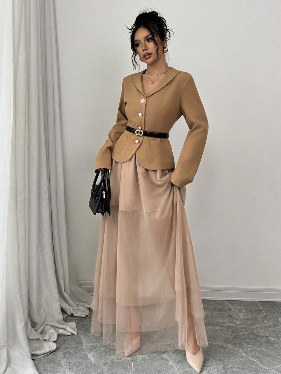 Chiquease Set de 2 piezas traje de mujer, chaqueta y falda maxi con superposición de red, para negocios, ir a trabajar, casual, maduro, otoño/invierno - Albaricoque - Ver 1