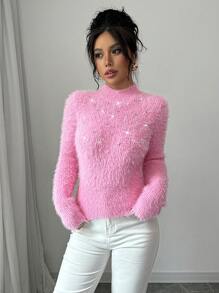 Áo len chui đầu dài tay đính hạt thường ngày cho nữ - Hồng - Xem 4