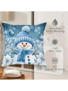 4 Paquetes de Fundas de Almohada Decorativas de Poliéster de Estilo Contemporáneo con Tema Navideño Invernal Azul con Diseños de Muñeco de Nieve, Árbol y Chimenea - Fundas de Cojín Decorativas Lavables a Máquina con Cremallera para Sala de Estar y Dormitorio - No incluye insertos