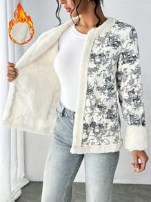 Chiquease Women Casual Floral Printed Patchwork Fuzzy Trim Jacket, Autumn/Winter - Multicolor - View 6