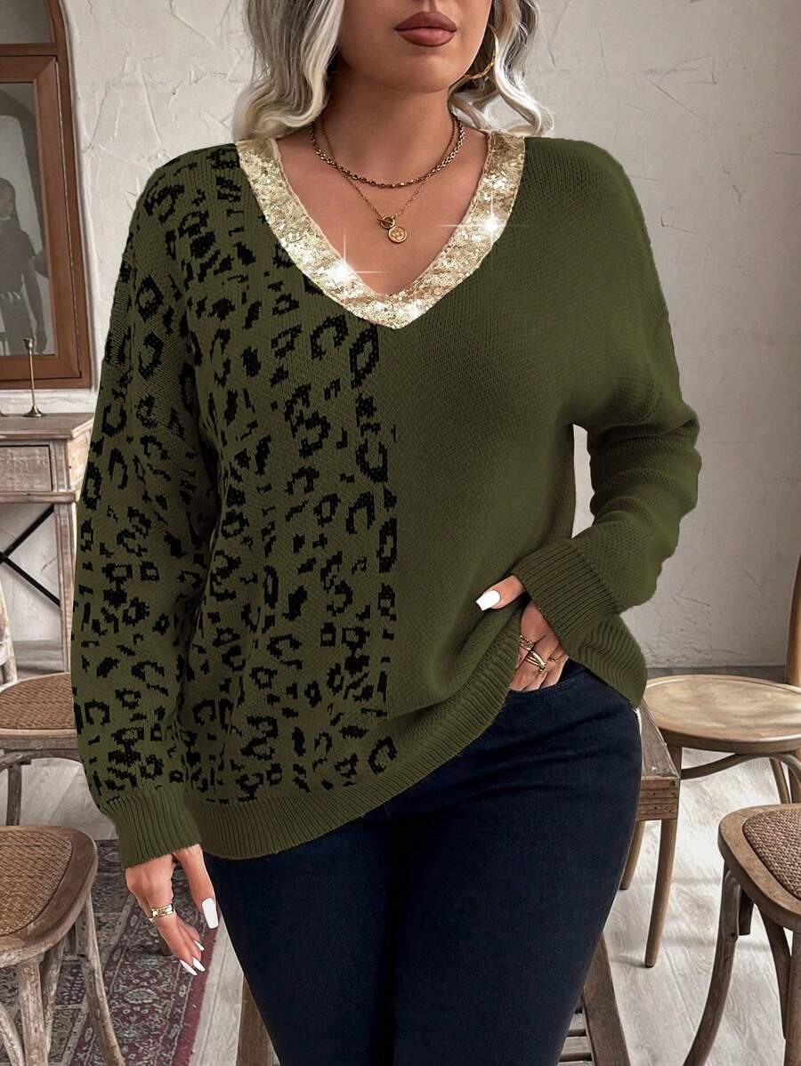 Calvaya Plus Size Leopard Print Patchwork Sequin V-Neck Drop Shoulder Loose Fit Sweater Knit Pullover Fall Winter Outfit