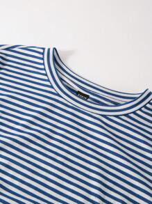 SHEIN BASICS Áo thun nữ cổ tròn kẻ sọc dệt kim dài tay có dây rút bên hông ôm sát - Xanh và trắng - Xem 9