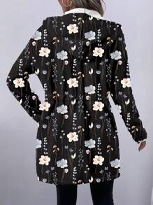 SHEIN LUNE 女士花卉印花抽绳腰长袖休闲连帽夹克，春秋装 - 黑色 - 查看 2
