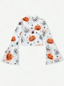 SHEIN VCAY Blusa holgada con mangas campana y estampado de calabazas para mujeres, ropa de Halloween