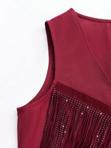Chiquease Áo khoác vest đính đá và tua rua thời trang thu - Màu Đỏ Sâu - Xem 3