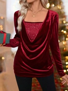 EMERY ROSE 女士舒适修身长袖羊毛数码印花亮片 T 恤，秋季舒适 - 酒紅色 - 查看 1